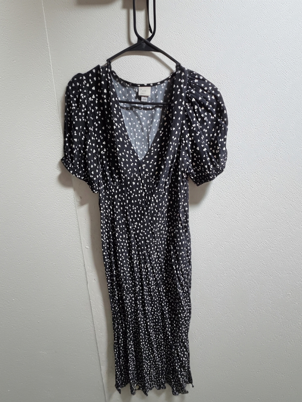 a new day Black Midi Dress with White Heart Print and Puff Sleeves